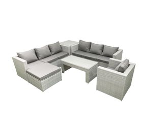 Fimous Wicker PE Rattan Sofa Garden Furniture Set with Oblong Coffee Table Armchair Big Footstool Side Table Light Grey Mixed