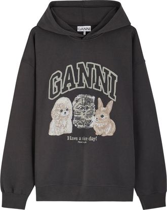 Ganni Printed Hooded Cotton Sweatshirt - Black - S/M (UK10-12 / M)