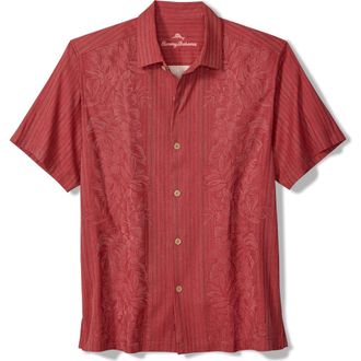 Tommy Bahama Maui Border Short Sleeve Silk Button-Up Shirt in Deep Havana at Nordstrom, Size Xlt