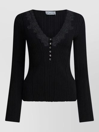 Self Portrait knit top lace trim v neck buttons