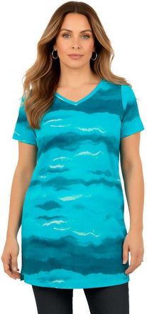 Roaman's Plus Size Ultimate Cotton V-Neck Short Sleeve Tunic in Turquoise Wave Tie Dye at Nordstrom, Size Medium
