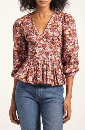 Derek Lam Savannah V-Neck Peplum Top in Burgundy Mini Floral at Nordstrom Rack, Size 14