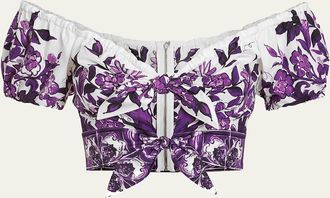 Dolce & Gabbana Majolica Poplin Off-The-Shoulder Puff-Sleeve Crop Top