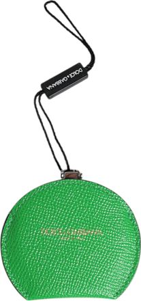 Dolce & Gabbana Womens Green Calfskin Leather Round Logo Hand Mirror Holder Accessory
