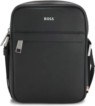 BOSS Leather reporter bag with adjustable logo strap