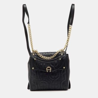 Aigner Black Logo Embroidered Leather Diadora Backpack