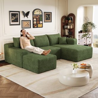 STILVORA Divano Modulare 4 Posti In Velluto A Coste Con Pouf E Chaise Longue A Destra, Senza Montaggio, Verde