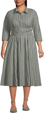 Lands End Poplin Midi Wrap Front Dress in River Stone Double Stripe at Nordstrom, Size 20W