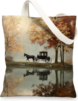 Generic Vintage Horse Carriage Canvas Tote Bags, Autumn Scene Reusable Grocery Bags, Lightweight Washable Shoulder Strap for Gym Travel Beach Picnic 13x15 Inc