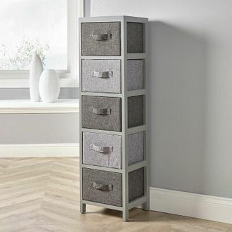 Home Source Industries Home Source - Grey Wooden Storage Chest Unit Drawers Fabric Basket Organiser Fully Assembled