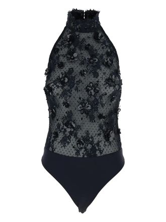 Retrof&ecirc;te halterneck floral embroidered bodysuit - women - Nylon - M - Black