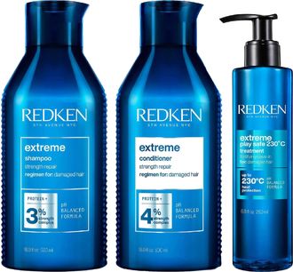 Redken Womens Extreme Trio: Shampoo 500ml, Conditioner & Play Safe 230 Heat Protection 250ml - One Size