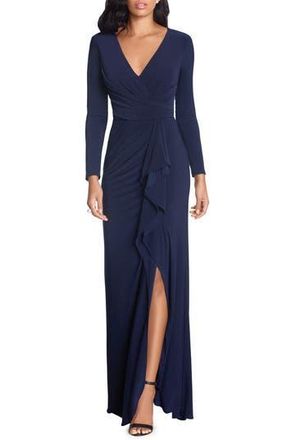 Betsy & Adam Cascade Ruffle Long Sleeve Stretch Jersey Gown in Navy at Nordstrom Rack, Size 4