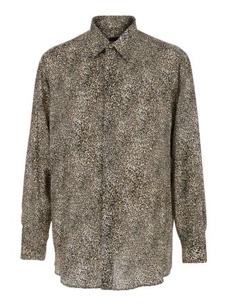 Emporio Armani Brown Shirt With Classic Collar And Leopard Motif In Wool Blend Man