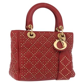 Dior Supple Lady Dior Bag Cannage Studded Lambskin Red Leather Handbag (Pre-Owned)