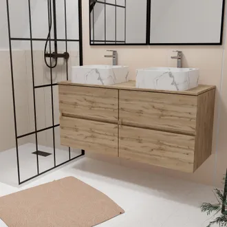 Aurlane Aurlane - Mueble Ba&ntilde;o 120cm Roble 4 Cajones + Lavabos Blancos Efecto M&aacute;rmol 38x38x13