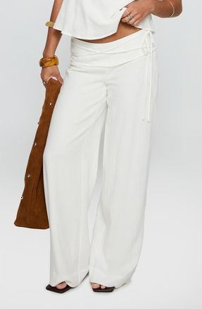 Princess Polly Silver Moon Tie Waist Linen Blend Pants in White at Nordstrom, Size 12