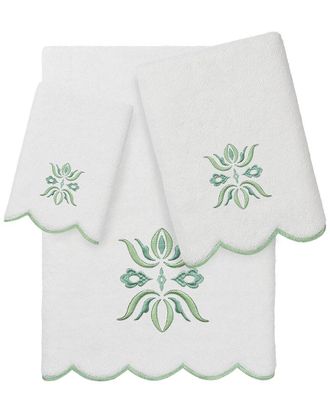 Linum Home Textiles 100% Turkish Cotton Flower Crest Scallop 3Pc Embellished Towel Set