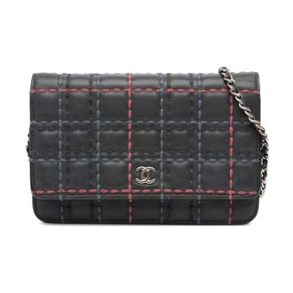 Chanel Pre-owned Chain Leather Wallet - Dames - Pre-owned - Blauw - Maat: ONE Size Leer