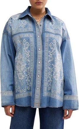 Free People Embroidered Oversize Denim Snap-Up Shirt in Med Rancher Wash at Nordstrom Rack, Size X-Small