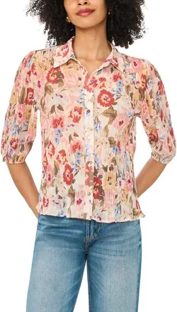Vince Camuto Flutter Sleeve Floral Button-Down Shirt in Sand Drift at Nordstrom, Size Xx-Large