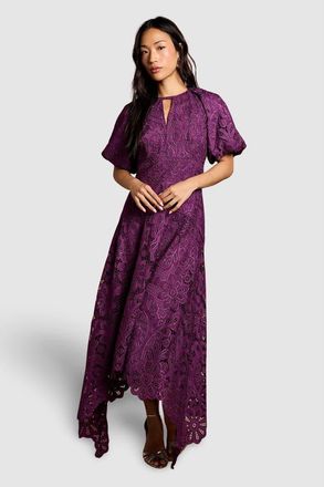 Coast Lace Hanky Hem Puff Sleeve Dress in Plum at Nordstrom, Size 14