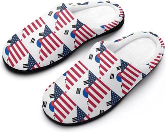 Generic USA And South Korea Flag Mens Slippers Memory Foam Winter Warm Sandals Slip On House Shoes Size 7-14
