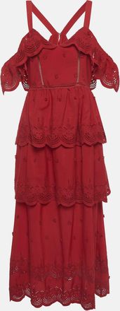 Self Portrait Red Lace Tiered Off-Shoulder Midi Dress