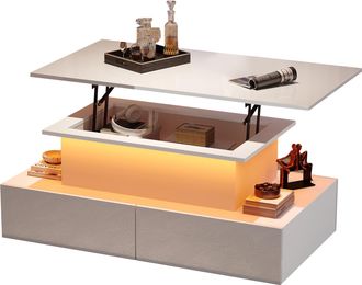 STILVORA Mesa De Centro Con Led Y 4 Cajones, Tablero Extra&iacute;ble, Blanco Brillo, Estilo Moderno, En Tablero De Part&iacute;culas, Blanco