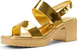Castamere Womens Square Toe Chunky Block Heel Platform Ankle Strap Sandals Dress Casual Party Patent Leather Shoes 6.5 CM Heels Gold 6.5 UK