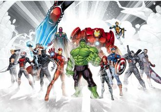 Komar Marvel Avengers Unite Carta da parati fotografica, da 368 x 254 cm (larghezza x altezza), da 8 pezzi, con colla, carta da parati per cameretta dei