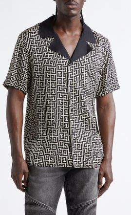 Balmain Monogram Jacquard Camp Shirt in Ivory/Black at Nordstrom, Size Xx-Large