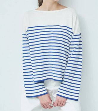 C.T. Plage Cotton Cashmere Wide Sleeve Pullover Stripe Top In White / Blue