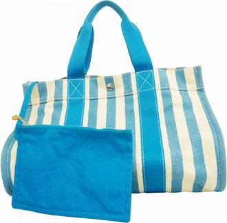Herm&egrave;s Blue White Canvas Tote Bag (Pre-Owned)