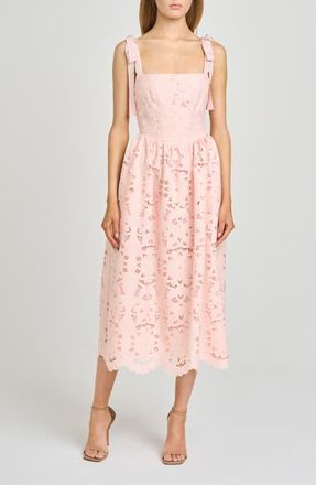 Wayf Kassi Floral Embroidered Tie Shoulder Cotton Midi Dress in Blush at Nordstrom, Size X-Small