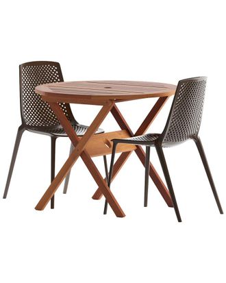 Amazonia Teak 3 Piece Round Patio Dining Set W/Brown Plastic/Resin Chairs