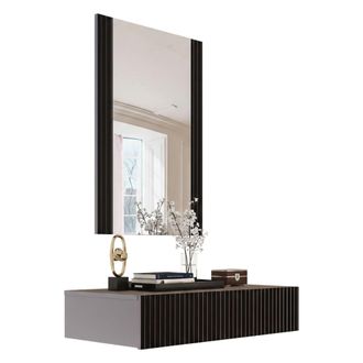 Dmora Consola Premolo, Entrada Suspendida Con Espejo, Dise&ntilde;o Moderno Con Efecto Ca&ntilde;a, 80x42 H97 Cm, Color Negro