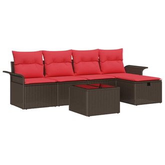 vidaXL Conjunto De Sof&aacute; De Jard&iacute;n 6 Pcs Marr&oacute;n Y Rojo Rat&aacute;n Sint&eacute;tico Vidaxl