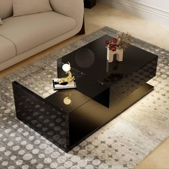 Merax 105cm High-Gloss Coffee Table with Tempered Glass & LED Lights in Black