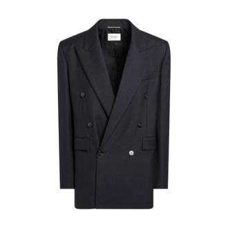 Saint Laurent Jassen, Dames, Blauw, S, Wol, Lange Jas in Wol Gabardine