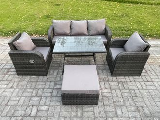 Fimous Rattan Wicker Garden Furniture Patio Conservatory Sofa Set with Dining Table Reclining Chair 3 Seater Sofa in Dark Grey