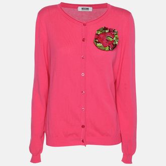 Moschino Moschino Cheap and Chic Pink Cotton Knit Floral Applique Front Button Sweater M