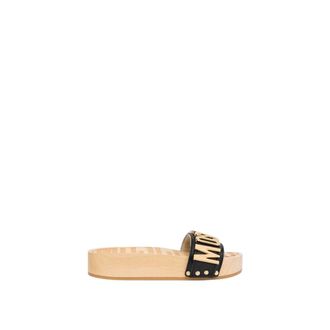 Moschino Sandals in calfskin and wood - unisex - Moschino - Sliders - Black - 4 UK - Shoes