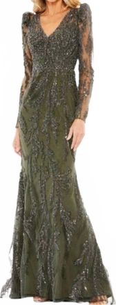 Mac Duggal Beaded V Neck Gown In Olive Green