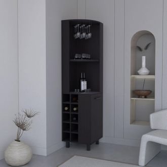 Bob & Bill 70 Tall Corner Bar Cabinet With Four Shelves, Ten Wine Bottle Cubbies and Stemware in Black Wengue