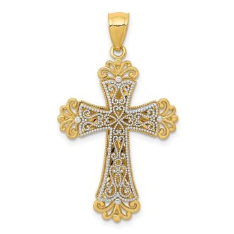 Diamond2Deal 14k Two-tone Gold Polished 2 Level Budded Cross Pendant