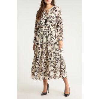 Anne Klein Floral Print Long Sleeve Dress in Swan White/Anne Black at Nordstrom, Size 22W