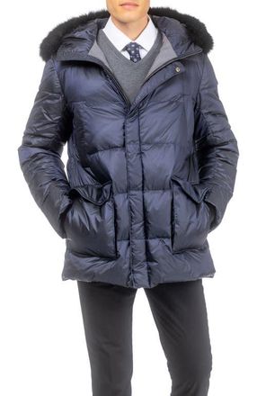 Gorski Mens Apres-Ski Jacket with Detachable Genuine Shearling Hood Trim in Navy/black at Nordstrom, Size Xx-Large