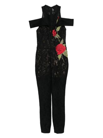 Gemy Maalouf Off-shoulder jumpsuit met geborduurde roos - Zwart