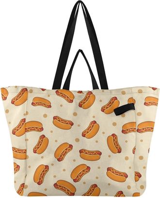 Generic Hot Dog Beige pattern Reusable Canvas Tote Bag, Heavy Duty Grocery Shopping Bag with Hard Bottom Double Handles Large Capacity Work Groceries Travel
